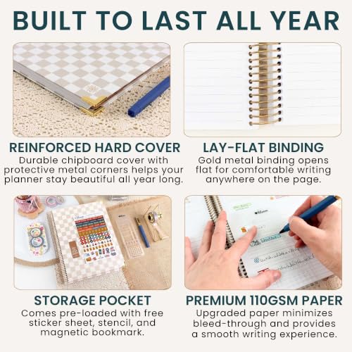 bloom daily planners HARDCOVER Planner 2027 & Stencil - 8.5” x 11" Calendar Year (January - December) Task Goal Planner for Women - Monthly & Weekly Inspirational Agenda Book with Stickers - Checkered, Café