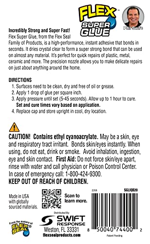 Flex Super Glue Liquid, 20 Gram Bottle, 10-Pack, Clear, Instant Bond, Quick Dry, Cyanoacrylate Adhesive, Precision Tip for Wood, Metal, Plastic, Crafts, Ceramic, and Toy Repairs