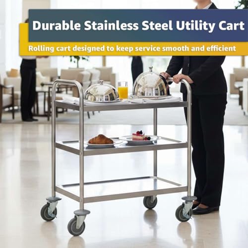 Commercial Stainless Steel 3 Shelf Utility Cart 34" x 21" x 37" - 24 Gauge Rolling Serving and Transport Cart with Dual Handles and Swivel Casters for Restaurant, Hotel, Catering, Cafeteria