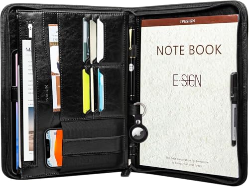 IVESIGN Zippered Padfolio for Women & Men Resume Portfolio Folder Vegan Leather Salesman Business Organizer Planner,with Writing Pad Interior 10.1 Inch Tablet Sleeve Black