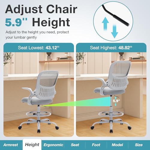COZIFURNI Drafting Chair Tall Office Chair for Standing Desk Counter Height Adjustable, Egronomic Lumbar Support with Flip Up Armrest, Footrest, Rolling, Grey, 1pc