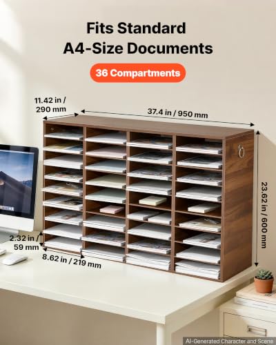 VEVOR Wood Literature Organizer 36 Compartments Office Mailboxes Brown | Countertop Literature Sorter for Files Documents Papers, with Adjustable Shelves, for Office, Home, Classroom Organization