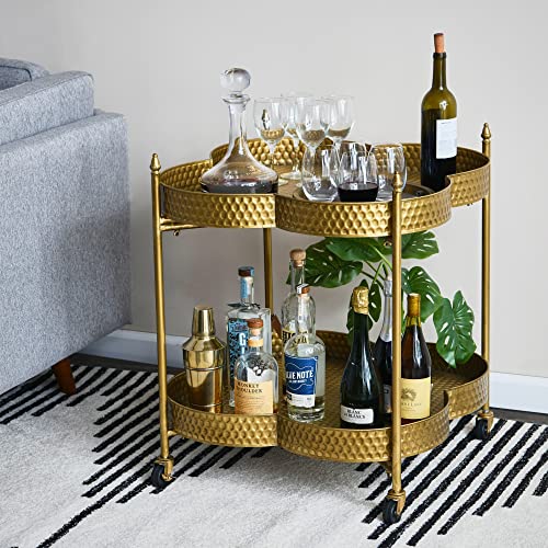 Creative Co-Op Vintage Clover-Shaped 2-Tier Hammered Metal Bar Cart with Wheels, Brass Finish