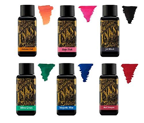 Diamine - 30ml Fountain Pen Ink - Color Wheel - 6 Pack - Autumn Oak, Hope Pink, Jet Black, Ultra Green, Majestic Blue, Red Dragon