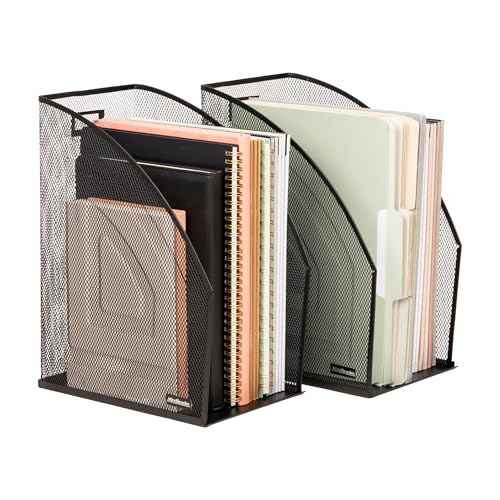 Mind Reader Vertical File Organizers, Desktop File Holders for Folders, Magazines, and Paperwork, Workspace Organizer, Metal Mesh, Set of 2, Black