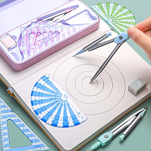 DUHTFCY Protractor and Compass Set Compass Protractor Set Compass School Math Compass and Protractor Geometry Set 7 Pcs Math Compass (Blue)