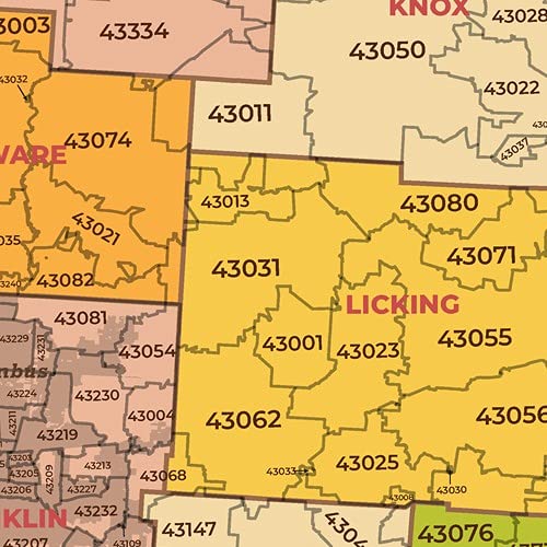 Ohio ZIP Code Map with Counties - Standard - 36" x 36" Laminated