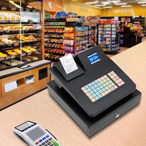 48 Keys Electronic Cash Register, Dual-Screen Commercial POS System Thermal Receipt with Printer 8-Digital LED Money Box & PC Connectivity for Retailer Supermarket Restaurants