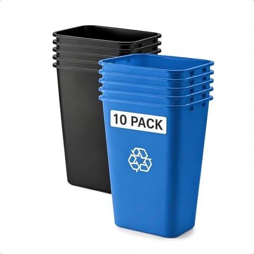 10 Pack, Recycle Wastebasket, 41 Qt./10 Gallon Rectangular Wastebasket / Trash Can Kit - Space Saving Recycling Bin, Narrow Spaces in Commercial, Kitchen, Home, Office, and Dorm - Black and Blue
