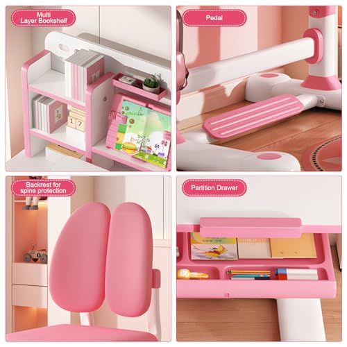 Kid's Study Desk and Chair Set, Height Adjustable Children's Desk with 50-Degree Tiltable Desktop, Bookshelf & Storage Drawer, Ergonomic Study Table Set for Bedroom (Pink)