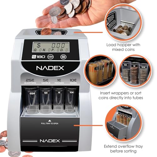 Nadex S180 Digital Coin Counter, Sorter,and Wrapper - Automatically Sorts and Counts Coin Batches, Stops on Full Coin Rolls