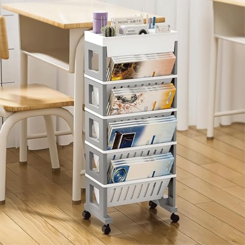 book cartStorage Shelves Document Folder Movable Rolling Storage Cart Slim Bookshelf Utility Cart Mobile Book Cart for Office Dorm Classroom Storage Cart (A)