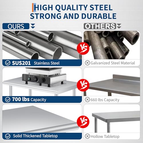 Stainless Steel Prep Table with Wheels 24x60 Inch,Heavy Duty Commercial Mobile Kitchen Cart with Adjustable Shelf for Restaurant, Garage & Outdoor BBQ