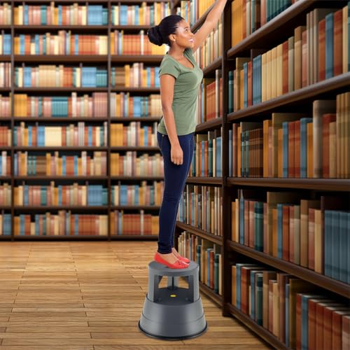 SPORFIT Rolling Step Stool with Retractable Spring Casters and Sitting Function, Kik Stool with 3 Movable Rolling Wheels, Two Step Stool for Home Office Library Kitchen, Premium PP, Gray