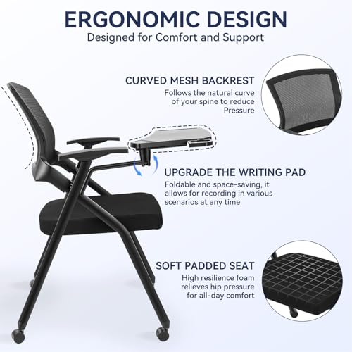 Office Chair, Foldable Conference Chair with Armrest and Ergonomic Mesh Back, Stackable Guest Chair with PU Wheels, Reception Meeting Chair for Office, Training Room and Waiting Area (1, Black B)