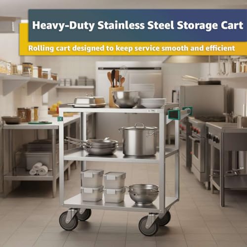 16" x 27" Commercial Stainless Steel Utility Cart with Three Shelves - NSF Service Cart with Handle and 5" Swivel Casters, Heavy-Duty Rolling Cart for Kitchen, Hotel and Catering