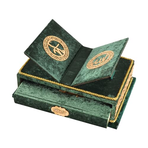 Quran Book with Wooden Rahle Stand – Green Hardcover Islamic Gift Set for Eid, Ramadan, Muslim Men & Women