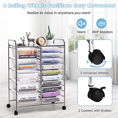 DREAMADE Rolling Cart with 15 Drawers, Clear Plastic Drawer Organizer w/Lockable Wheels, Removable & 2-Sized Storage Drawers, Art Cart for School Home Art Supplies Crafts File Scrapbook (Transparent)