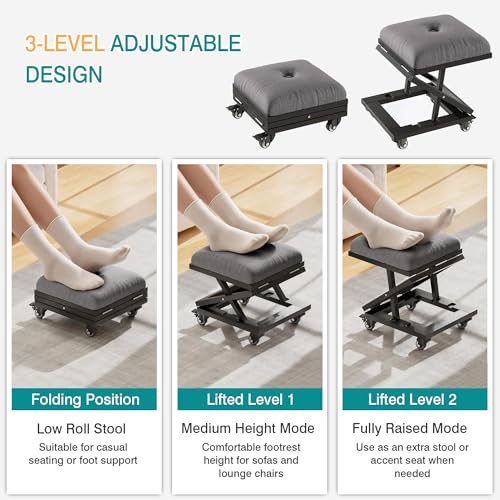 VECELO Foot Rest Under Desk at Work, Height Adjustable Rolling Foot Stool Set of 2 with Wheels, Cushioned Seat for Living Room, Bedroom, Home Office, Grey