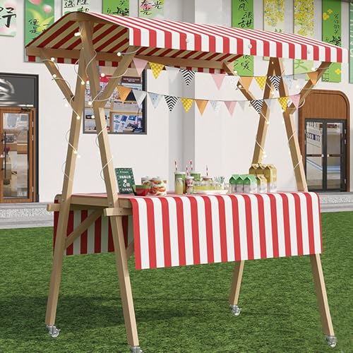 Red Wood Frame Vendor Cart with Wheels, Foldable Outdoor Concession Stand Booth for Street/Farmers Market/Fairs Vending Display Counters, Commercial Kiosk Stalls(A - with Wheels,W 150CM/59in)