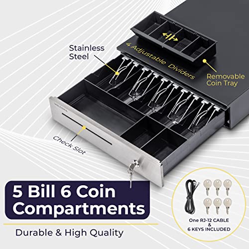 Volcora Cash Register Drawer for (POS) Point of Sale System 16", Stainless Steel Removable Coin Tray, 5 Bill/6 Coin, 12-24V, RJ11/RJ12 Key-Lock, Cash Till, Money Drawer for Businesses, Black