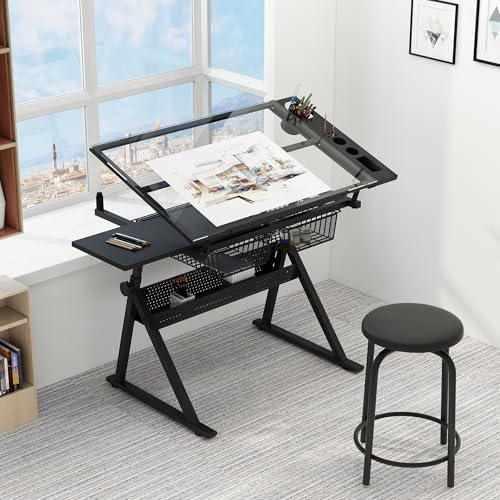 ZAVEROX Black Adjustable Tempered Glass Drafting Table with Chair, Steel Base, 0-75° Tilt Angle, for Art Design and Craft Work