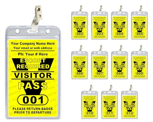 Visitor Pass Badges - Escort Required - PVC Plastic (Customized with Your Company Name & Number) Available in 12, 36, 60 & 108 Piece Sets - Made in The USA