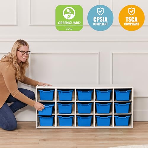 ECR4Kids 15 Cubby Tray Cabinet with Bins, 3x5, White Wash, Blue