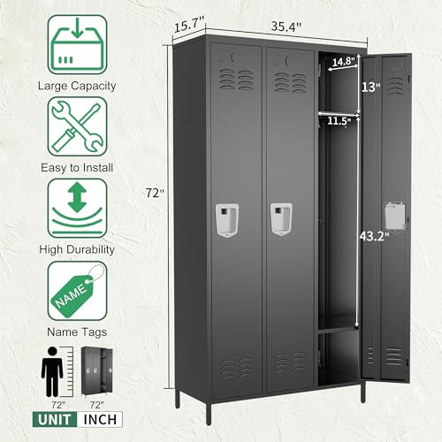 VIYET 3 Door Metal Lockers for Employees,Heavy-Duty Hooks,72" Secure Storage for Home,Offices,Schools & Gyms | Black