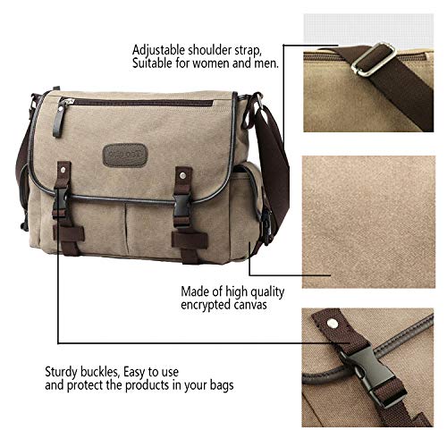 [Upgraded] Vintage Canvas Messenger Bag 13 15.6 17 inches Large Book Laptop Shoulder Bag Women Men New (Beige, X-Large)