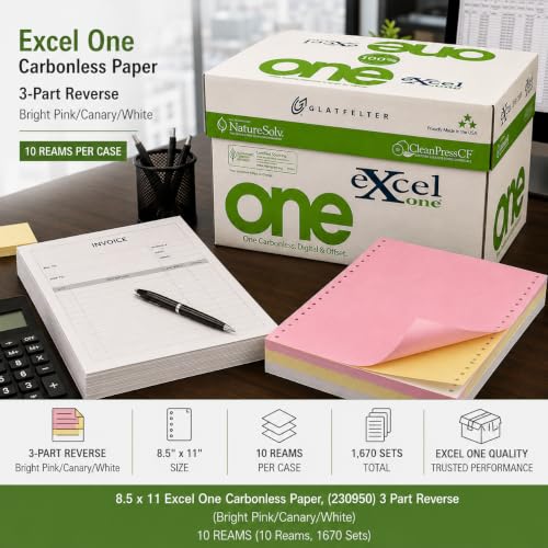 8.5 x 11 Excel One Carbonless Paper, (230950) 3 part Reverse (Bright Pink/Canary/White), 10 REAMS (10 Reams, 1670 Sets)