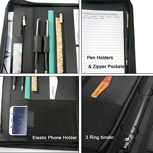 Freeprint Portfolio 3-Ring Binder Organizer with Handle Zippered Padfolio Writing Pad Legal Size Notebook Business Folder Resume Interview for Men Women, Black