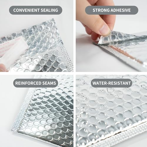 50 Pack 11x14 Inch Insulated Bubble Mailers for Cold Shipping, Silver Foil
