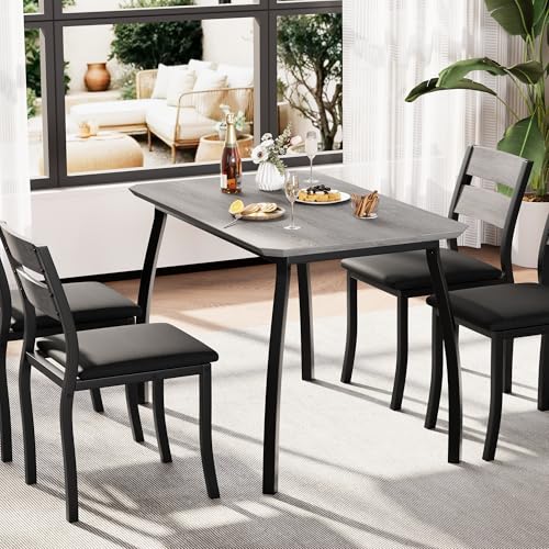 Garvee Dining Table Set for 4, Modern Metal & Wood with Cushion Seats, Gray