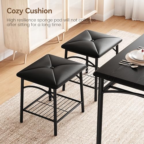 MOVECOM Dining Table Set for 4, 4-Piece Kitchen Table Set with Upholstered Bench & 2 Square Stools, Metal Frame Dinette Set with Storage Shelves, Space-Saving Dining Furniture for Small Spaces, Black
