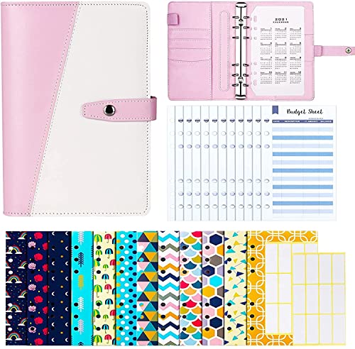 ONMYJFD 28Pcs A6 PU Binder Budget Envelopes System Planner with Budget Cash Envelopes,Budget Sheets,24Pcs Stickers and 2021 Calendar(E)
