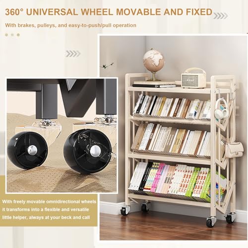 Book Carts with Wheels, Library Rolling Book Cart 2/3/4/5 Tier Movable Bookshelf Mobile Large Capacity L-Shaped Carbon Steel Organizer Rack for Office, Home, Classroom(White,2 Tiers-19.7x9.8x20.9in)