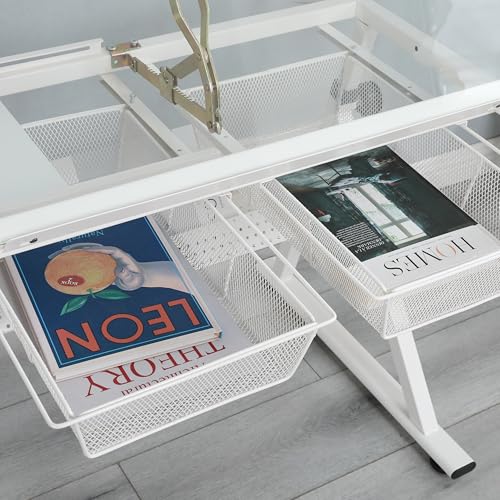 Caforkp White Hand Crank Adjustable Tempered Glass Drafting Table with Chair and Storage, Metal-Glass Frame, for Study Bedroom Living Room