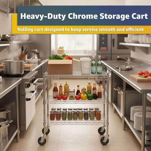 24" x 41 3/4" x 39" Commercial NSF Chrome 3 Shelf Wire Utility Cart with U-Shaped Handle - Heavy-Duty Serving Rolling Metal Cart, Mobile Storage Cart for Warehouse, Office, Retail, Kitchen