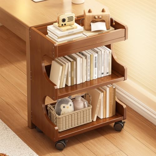 Dexinhdh Bamboo Rolling Book Cart, 3 Tier Mobile Bookshelf with Wheels, Rear Anti-Drop Back Panel, Multi-Functional Miscellaneous Item Storage Cabinet for Study Office Home