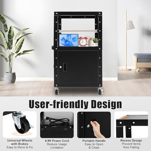 AV Cart, Adjustable Multimedia Trolley Rolling Presentation Stand Projector Shelf with Locking Cabinet Pullout Tray and Power Strip for Classroom Office Conference Room