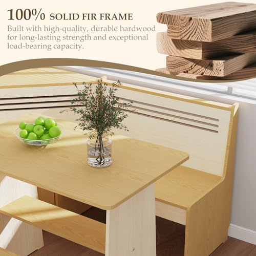 KYLE & KAY Breakfast Nook, Kitchen Nook Corner Table Set with USB, Bench and Storage Shelf, Dining Room Table and Chairs for 4-6, Solid Wood (Natural and White)