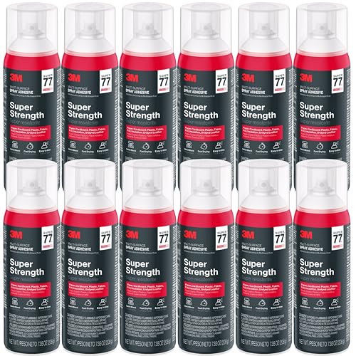 3M Super 77 Multipurpose Spray Adhesive, 7.35 oz Cans, Pack of 12 – Bulk High-Strength Spray Glue for Foam, Fabric, Plastic, Paper, Cardboard, Metal & More