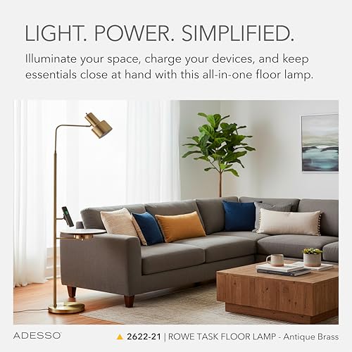 Adesso Floor Lamp with Table, Antique Brass & Wood, Wireless Charging, 56”