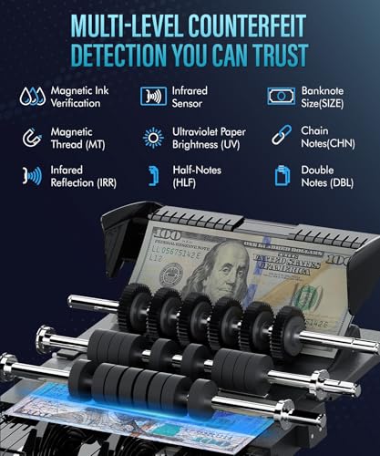 Money Counter Machine 1000 Bills/Min High-Speed Bill Counter with UV/MG/IR/DD Detection, LCD Display, Add/Batch/Value Modes – Ideal for Business, Retail, Office.