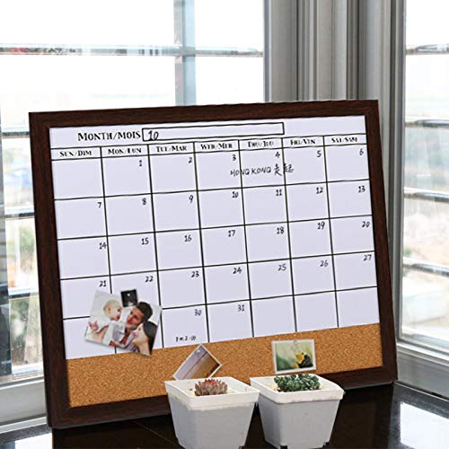 uhyOHF Whiteboard Dry Erase Calendar Cork Combination Board Monthly Planner Message Memo Brown Wooden Frame 21 X 18 Inches(