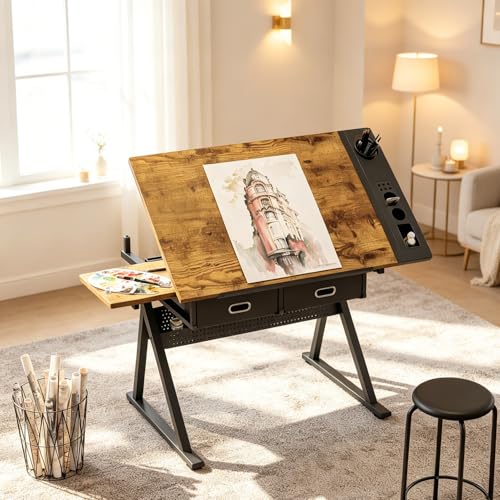 Japovker Artist Drawing Desk, Tilting Drafting Table with Adjustable Height 0-75° – 2 Drawers & Side Storage with Stool for Home Studio, Art Class, Designers (Brown+Black)