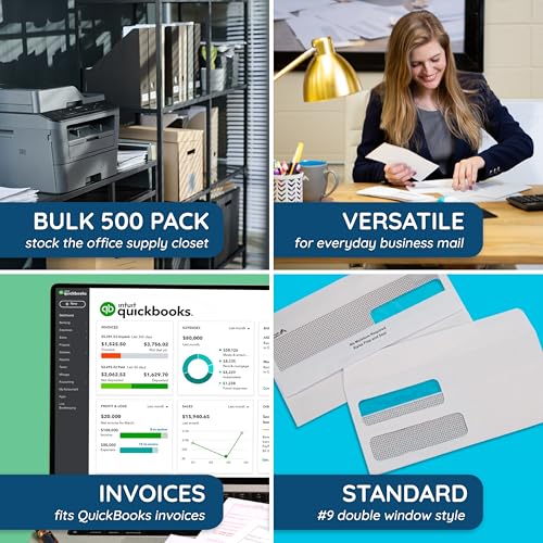 Blue Summit Supplies 500#9 Double Window Security Envelopes, Flip & Seal