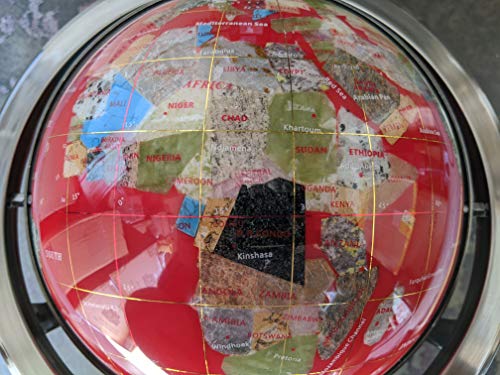 Limited Edition! Unique Art Since 1996 RED Table Top Gemstone World Globe with Tripod Silver Zinc Alloy Stand (220MM/9 INCHES/RED OCEAN)