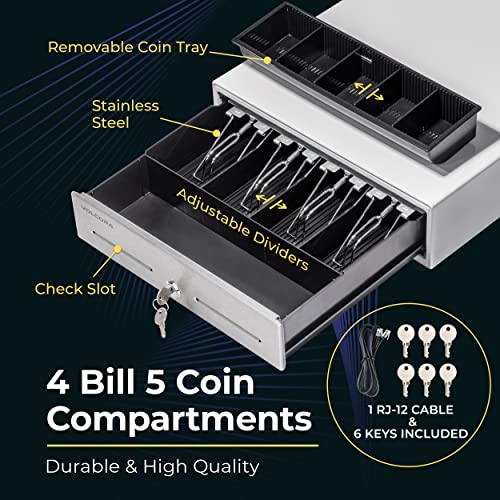Volcora 13" Cash Register Drawer for Point of Sale System with 4 Bill 5 Coin Cash Tray, White & Stainless Steel Front Cash Drawers, Removable Coin Compartment, 12-24V, RJ11/RJ12 Key-Lock, Media Slot